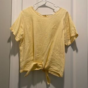 Rachel Zoe 100% Linen Yellow Front Tie Short Sleeve Blouse Button Back SZ L Cute